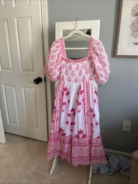 Puff Sleeve Pink & White Floral Midi Dress